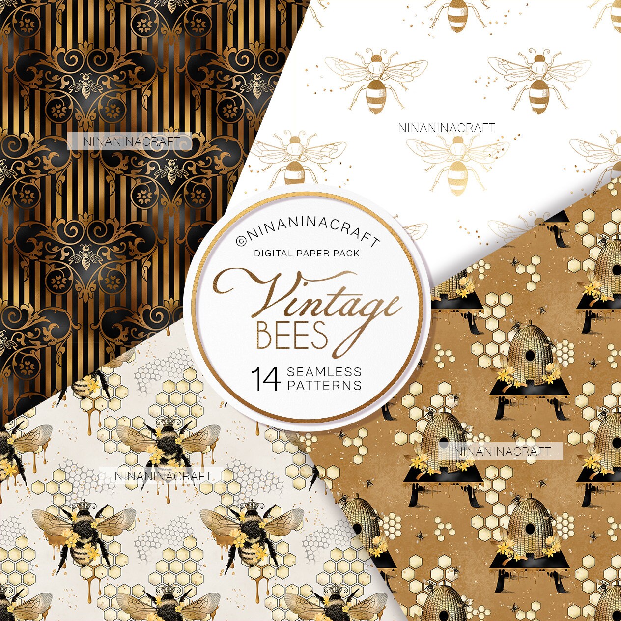 Honey Bee Digital Papers, Bumble Bee Seamless Patterns by Ninaninacraft ...