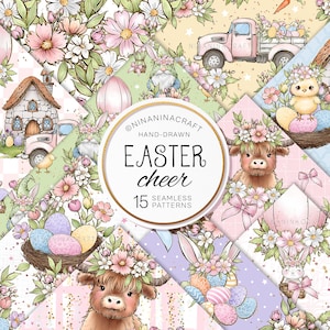 Motifs de Pâques sans couture dessinés à la main, mignons papiers numériques de vache des Highlands par NinaNinaCraft, lapin, camion, poussin, oeufs, conception de tissu, lot