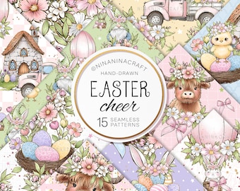 May include: A set of 15 digital seamless patterns featuring a variety of Easter themes, including bunnies, chicks, eggs, flowers, and a highland cow. The patterns are in a pastel color palette and are perfect for crafting and decorating.