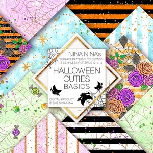 Könnte beinhalten: Ein digitales Papierpaket mit 18 Halloween-Mustern. Die Muster zeigen eine Vielzahl von Designs, darunter Maisbonbons, Spinnweben, Rosen und Streifen. Die Muster sind in verschiedenen Farben gehalten, darunter Schwarz, Weiß, Orange, Grün, Pink und Blau. Der Text "NINA NINA'S" befindet sich in einem goldenen Rahmen oben im Bild. Der Text "HALLOWEEN CUTIES BASICS" befindet sich in einem goldenen Rahmen in der Mitte des Bildes. Der Text "DIGITAL PRODUCT ©2019 NINA NINA" befindet sich in einem goldenen Rahmen unten im Bild.