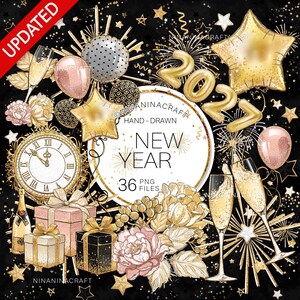 New Year Clipart, New Year's Planner Stickers, Party Clip Art, Gold Glitter Fabric PNG's, Champagne, Glasses, Peonies, Balloons, Clock, Star