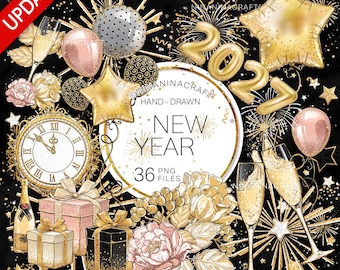 New Year Clipart, New Year's Planner Stickers, Party Clip Art, Gold Glitter Fabric PNG's, Champagne, Glasses, Peonies, Balloons, Clock, Star