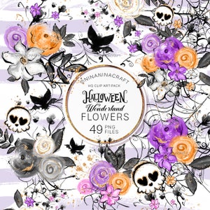 Pakiet klipów Halloween Flowers Clip Art, urocze naklejki do planera, czaszka, nietoperz Clipart, sieć, pajęczyna, pomarańczowy, czarny, fioletowy PNG Pack