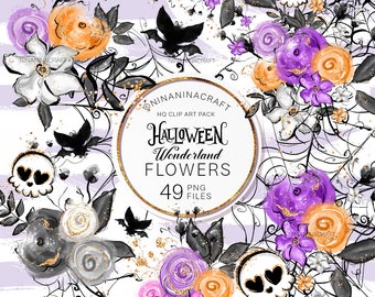 Halloween Flowers Clip Art Pack, Cute Planner Stickers, Skull, Bat Clipart, Web, Cobweb, Orange, Black, Purple PNG Pack