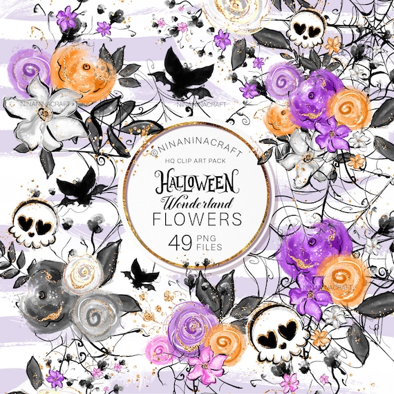 Halloween Flowers Clip Art Pack, Cute Planner Stickers, Skull, Bat Clipart, Web, Cobweb, Orange, Black, Purple PNG Pack