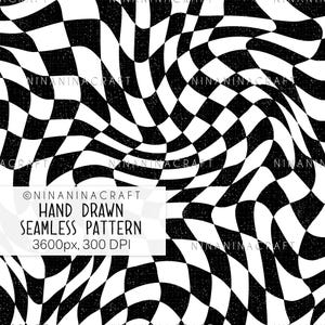 May include: A black and white seamless pattern with a distorted checkerboard design. The image includes the text "NINANINACRAFT HAND DRAWN SEAMLESS PATTERN 3600px, 300 DPI". The pattern has a textured appearance.