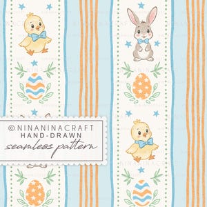 Preppy Easter Seamless Pattern by NinaNinaCraft: Vintage Stripes, Bunny, Chick and Eggs (Digital Download)