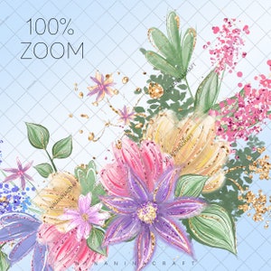 May include: A digital illustration of a floral arrangement against a light blue backdrop. The arrangement features pink, purple, and yellow flowers with green leaves and gold glitter accents. The text "100% ZOOM" is in the upper left corner.