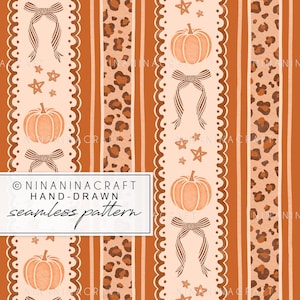 Fall Coquette Bow Seamless Pattern by NinaNinaCraft, Pumpkin Stripes Repeating Pattern File for Commercial Use, Cheetah Print, Fall