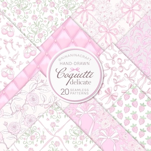 Pode incluir: Um conjunto de 20 padrões sem costura desenhados à mão em rosa e branco com laços, cerejas, morangos, rosas e desenhos florais. Os padrões são rotulados como "Coquette delicate" e são perfeitos para scrapbooking, papel digital e outros projetos de artesanato.
