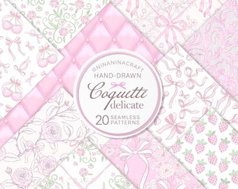 May include: A set of 20 hand-drawn seamless patterns in pink and white featuring bows, cherries, strawberries, roses, and floral designs. The patterns are labeled "Coquette delicate" and are perfect for scrapbooking, digital paper, and other craft projects.