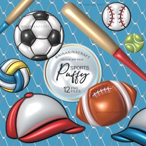 3D Opgeblazen Bladerdeeg Clip Art Pack, Sport, Bubble Puffy Wrap Clipart door NinaNinaCraft, Voetbal, Basketbal, Honkbal, Tennis, Illustraties