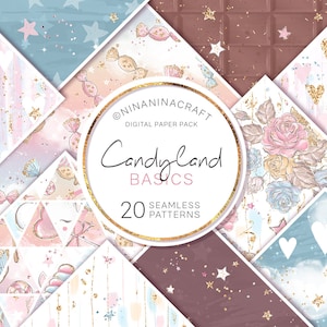 Land of Candy Basics Digitale Papers, Chocolade Naadloos Patroon, Pastel Sky Papier, Gouden Glitter Harten, Abstract Geometrisch, Snoepjes Swirls