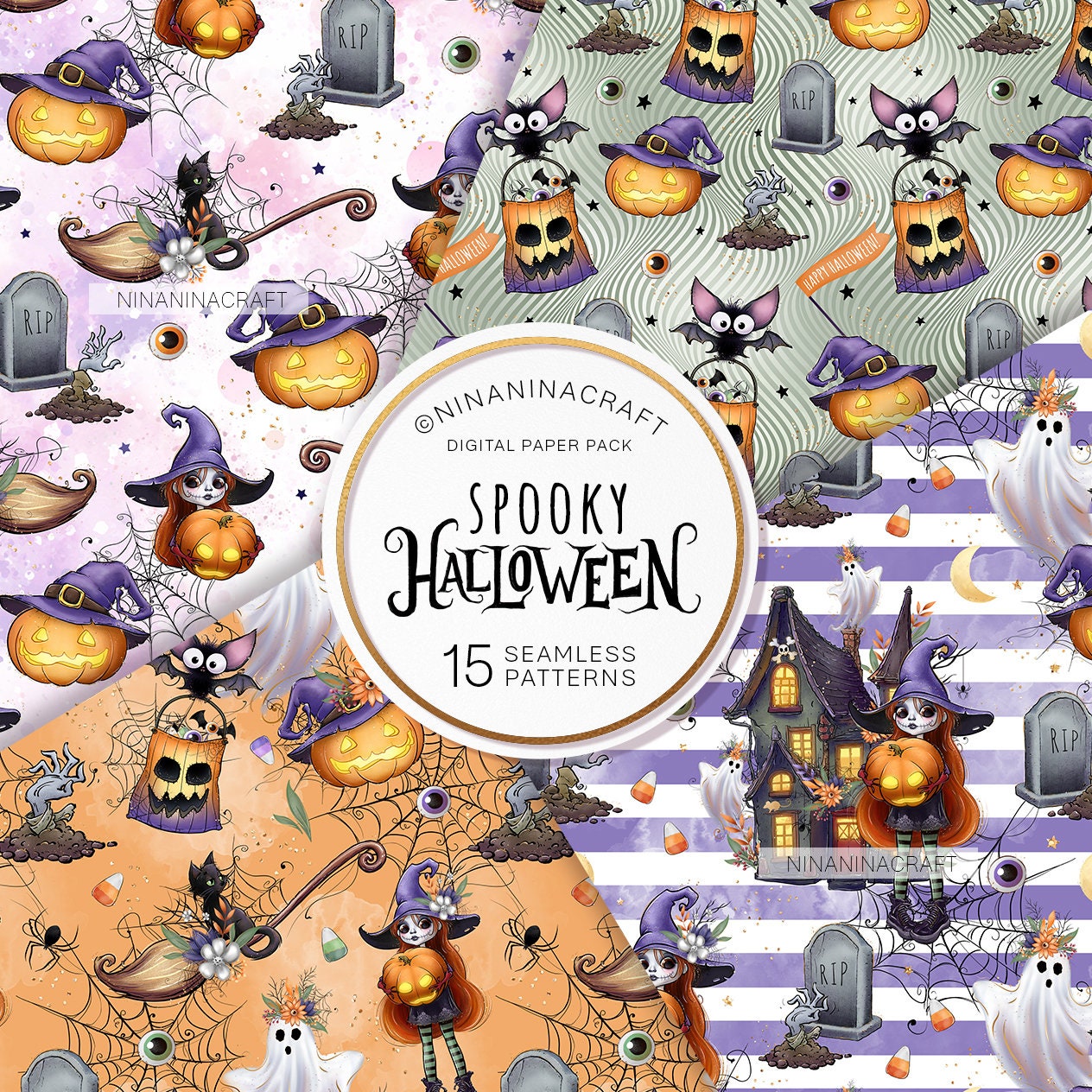 Cute Halloween Seamless Pattern Pack, Spooky Digital Papers by ...