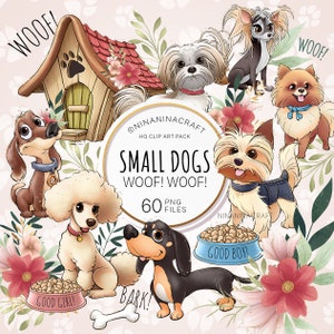 Dog Clip Art, Cute Puppy Clipart by NinaNinaCraft, Planner Stickers, Pomeranian, Yorkshire Terrier, Dachshund, Poodle, Lhasa Apso, Pet Art