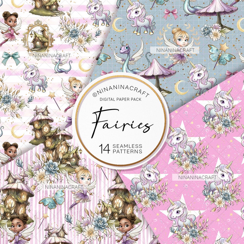 Hand Drawn Fairy Digital Papers, Cute Glitter Seamless Patterns by ...
