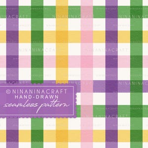May include: A seamless pattern featuring a colorful gingham design. The pattern includes squares in shades of green, yellow, pink, and purple, set against a white background. The text "NINANINACRAFT HAND-DRAWN seamless pattern" is in a purple box.