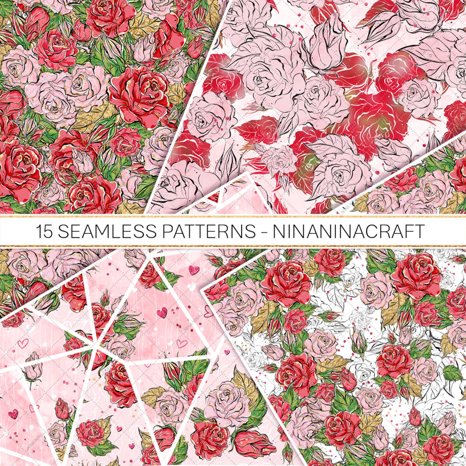 Valentine's Day Digital Papers, Roses Seamless Patterns, Valentines ...