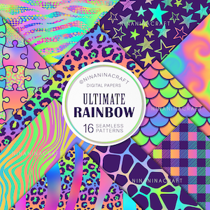 Paquete de patrones sin costuras Ultimate Rainbow de NinaNinaCraft, paquete de sublimación, papeles digitales, envolturas de vaso, estampado de leopardo, sirena, neón