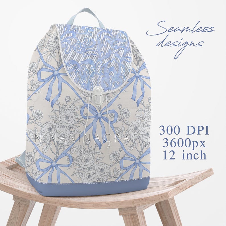 May include: A blue and white backpack with a floral and bow pattern. The backpack is 12 inches wide and has a 300 DPI resolution.