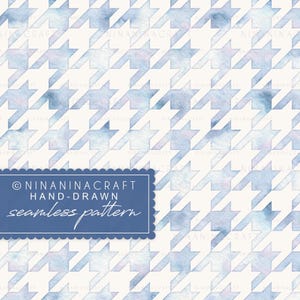 May include: A seamless pattern featuring a watercolor houndstooth design in shades of blue and white. The pattern is hand-drawn and includes the text "NinaninaCraft Hand-Drawn seamless pattern" in a blue rectangular frame.