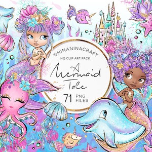Clipart sirène, clipart sous-marin, autocollants pour planificateur de sirènes mignonnes, créatures arc-en-ciel de l'océan, poisson, dauphin, château, pieuvre, algues, PNG