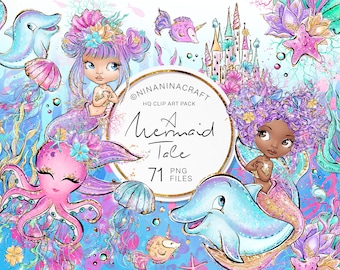 Mermaid Clipart, Underwater Clip Art, Cute Mermaids Planner Stickers, Rainbow Ocean Creatures, Fish, Dolphin, Castle, Octopus, Seaweed, PNG