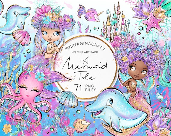 Mermaid Clipart, Underwater Clip Art, Cute Mermaids Planner Stickers, Rainbow Ocean Creatures, Fish, Dolphin, Castle, Octopus, Seaweed, PNG