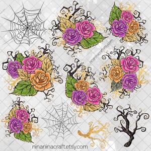 May include: A digital illustration of a set of Halloween themed clipart featuring a spiderweb, a bare tree branch, and several bouquets of pink, purple, and orange roses with gold accents.