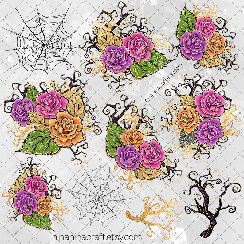 May include: A digital illustration of a set of Halloween themed clipart featuring a spiderweb, a bare tree branch, and several bouquets of pink, purple, and orange roses with gold accents.