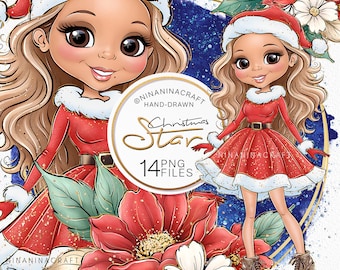 Hand-drawn Famous Christmas Star Clip Art, Celebrity Singer Clipart by NinaNinaCraft, Glitter Sublimation Design PNG
