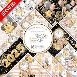Neujahr Digital Paper Pack, Pfingstrosen Blumen Muster, Party Stoff, Scrapbook Planer, Uhr, Champagner, Feuerwerk, Luftballons, Glitter