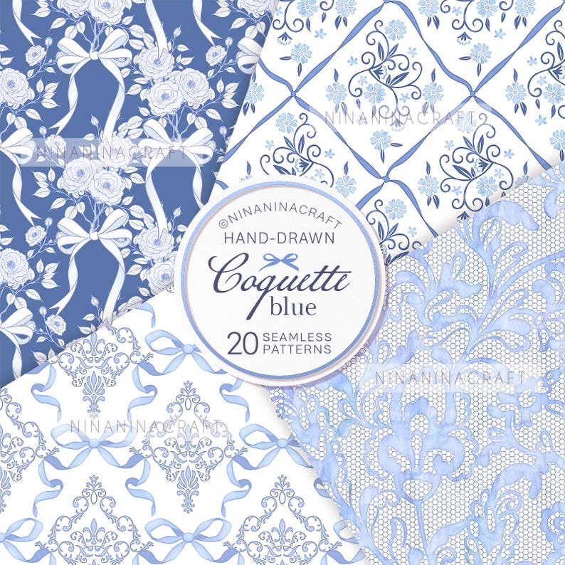 May include: A set of 20 hand-drawn seamless patterns in blue and white. The patterns feature floral designs, bows, and lace. The text "Coquette blue" is written in a decorative font.