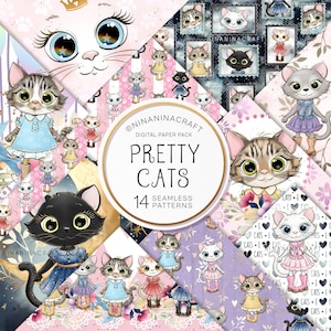 Pack de motifs sans couture de chats mignons, papiers numériques Kitty dessinés à la main par NinaNinaCraft, motifs sur tissu, motifs par sublimation de scrapbooking
