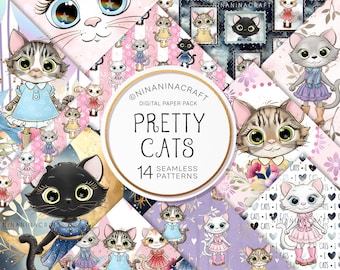 May include: A digital paper pack with 14 seamless patterns featuring cute cartoon cats in various poses and outfits. The patterns are in pink, blue, purple, and yellow with floral and star designs. The text "@NINANINACRAFT DIGITAL PAPER PACK PRETTY CATS 14 SEAMLESS PATTERNS" is in the center of the image.