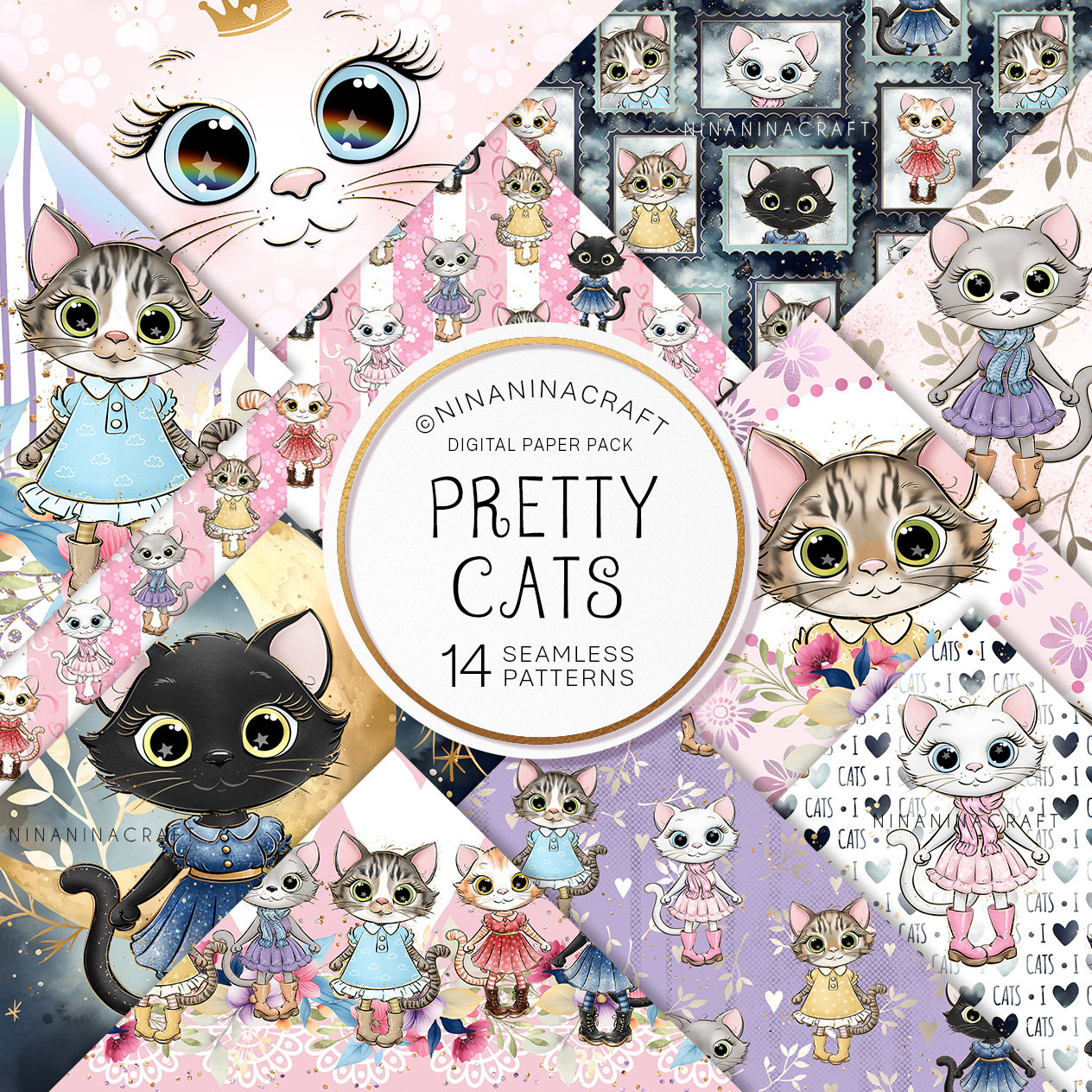Cute Cats Seamless Pattern Pack, Hand Drawn Kitty Digital Papers by ...