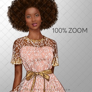 May include: Illustration of a woman with dark skin and curly brown hair wearing a pink dress with white lace overlay and a gold sequined belt. The dress has gold sequined sleeves and neckline. The text "100% ZOOM" is visible.
