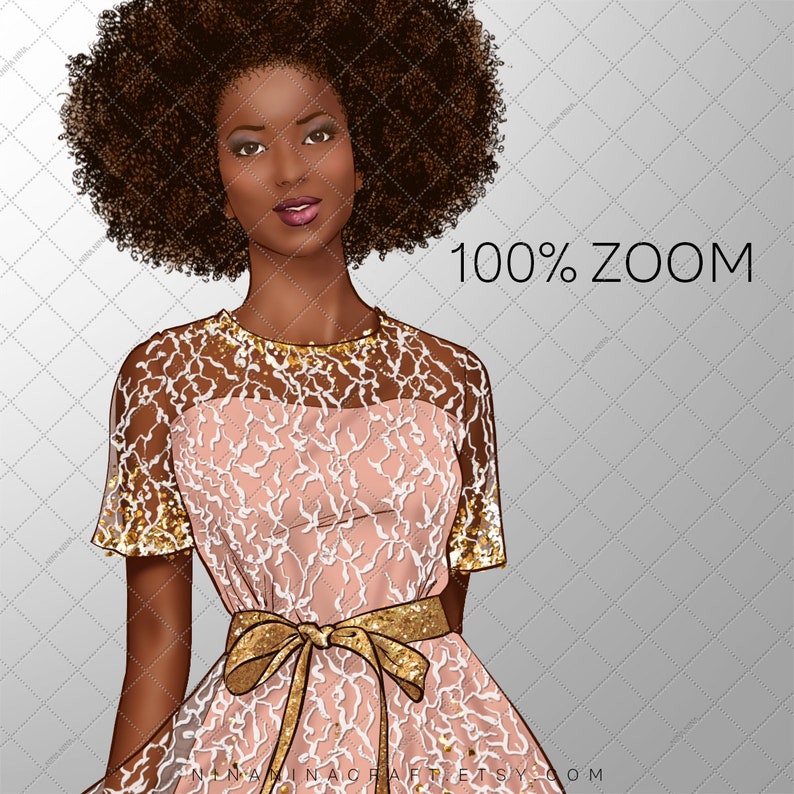 May include: Illustration of a woman with dark skin and curly brown hair wearing a pink dress with white lace overlay and a gold sequined belt. The dress has gold sequined sleeves and neckline. The text "100% ZOOM" is visible.