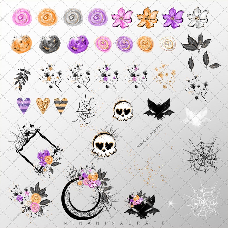 Halloween Flowers Clip Art Pack, Cute Planner Stickers, Skull, Bat Clipart, Web, Cobweb, Orange, Black, Purple PNG Pack image 2