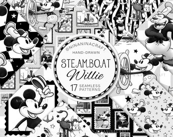 Sömlöst mönsterpaket med Steamboat Willie, handritade nautiska digitala papper av NinaNinaCraft, tygdesigner för pojkar, mönster för pojkar, sublimering