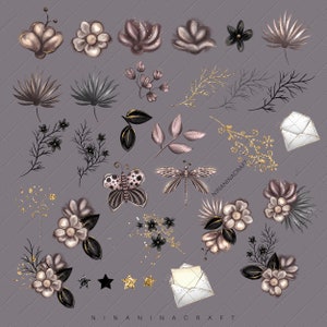 Peut inclure: Ensemble d'illustrations num&eacute;riques avec des &eacute;l&eacute;ments floraux, dont des fleurs, des feuilles et des brins, dans des tons de marron, noir et or. Un papillon, une libellule, des &eacute;toiles et des enveloppes sont &eacute;galement inclus. Fond gris &agrave; motif matelass&eacute;.