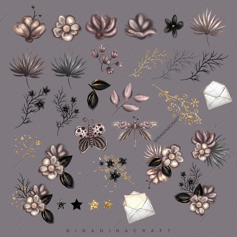 Peut inclure: Ensemble d'illustrations num&eacute;riques avec des &eacute;l&eacute;ments floraux, dont des fleurs, des feuilles et des brins, dans des tons de marron, noir et or. Un papillon, une libellule, des &eacute;toiles et des enveloppes sont &eacute;galement inclus. Fond gris &agrave; motif matelass&eacute;.