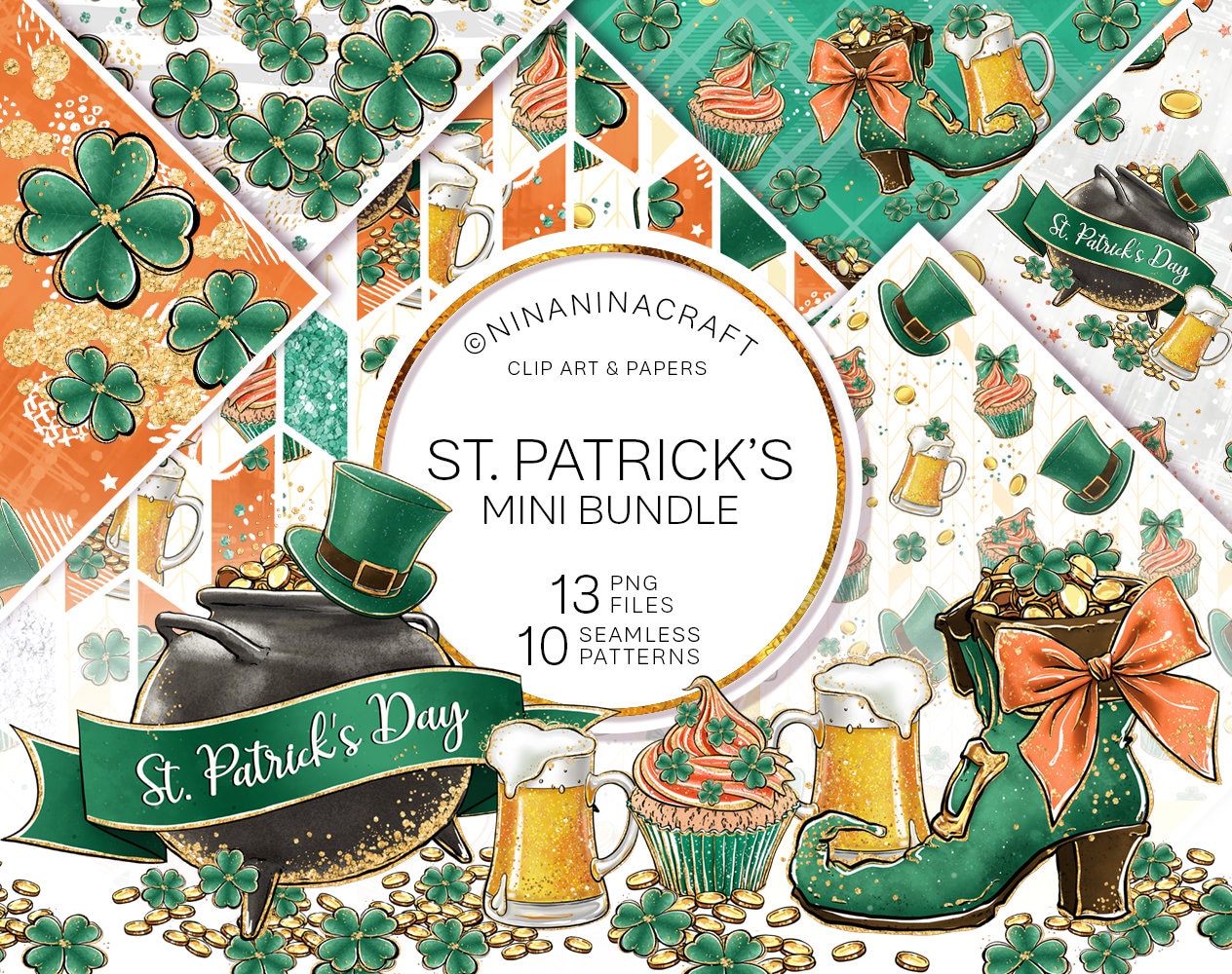 Pot o' Gold St Shamrock Patricks Day Scrapbooking Sticker Set Irish 