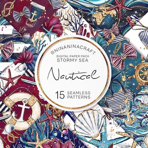 15 Nautische Digitale Papiere, Dark Sea Seamless Patterns, Sommer Mode Planer, Stürmischer Sommer, Boot, Unterwasser, Seemann, Anker, Ozean Sterne