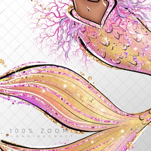 May include: Digital illustration of a mermaid with a gold and pink tail, and pink hair. The mermaid's tail has a glittery effect. The image includes the text "100% ZOOM" and "NINANINACRAFT".