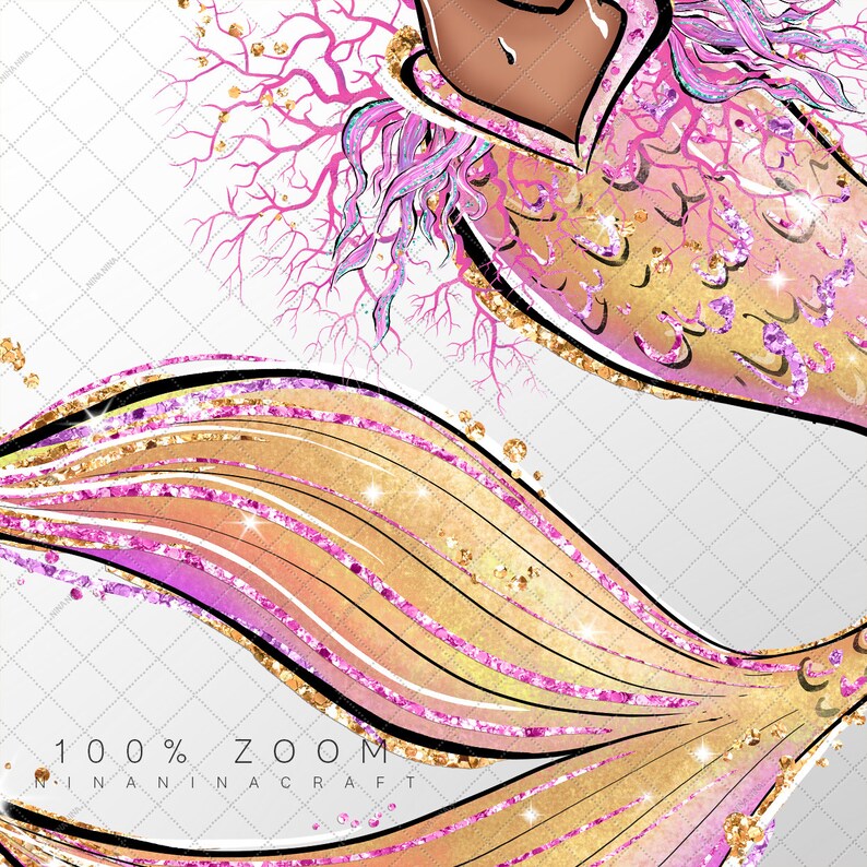 May include: Digital illustration of a mermaid with a gold and pink tail, and pink hair. The mermaid's tail has a glittery effect. The image includes the text "100% ZOOM" and "NINANINACRAFT".