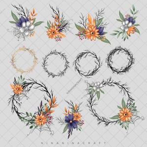 May include: A set of Halloween-themed digital clipart featuring wreaths, floral arrangements, and spiderwebs. The wreaths are made of black branches and some are adorned with gold leaves. The floral arrangements feature orange, purple, and white flowers with green leaves. The spiderwebs are black and white.