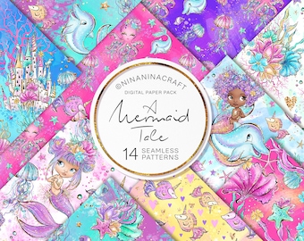 Mermaid Digital Papers, Colorful Sea Seamless Patterns, Rainbow Underwater Summer Fabric, Cute Baby Dolphin, Jellyfish, Starfish, Flowers