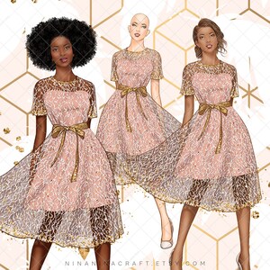May include: Illustration of three women wearing pink lace dresses with gold accents. The dresses have short sleeves, a gold ribbon belt, and a knee-length skirt. The background features a geometric pattern and the text "NINANINACRAFT.ETSY.COM".