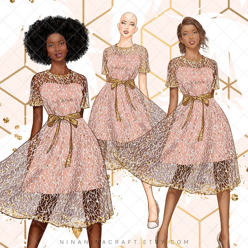 May include: Illustration of three women wearing pink lace dresses with gold accents. The dresses have short sleeves, a gold ribbon belt, and a knee-length skirt. The background features a geometric pattern and the text "NINANINACRAFT.ETSY.COM".